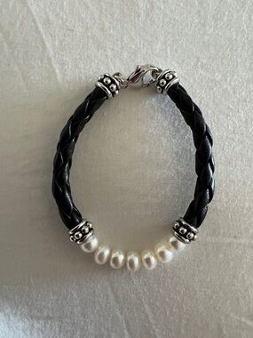 Honora Black Leather Bracelet with White Pearls and Sterling Silver Accents